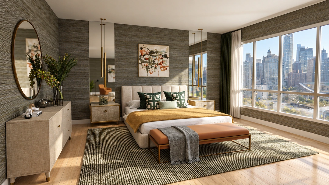 Daylight hotel bedroom overlooking the city skyline — Chicago, IL — Grand Hotel, Studio Dalika; project view 6