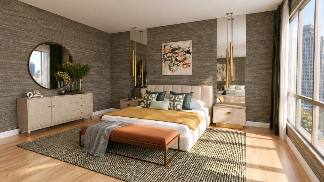 Angled daylight bedroom view with upholstered bench — Chicago, IL — Grand Hotel, Studio Dalika; project view 7