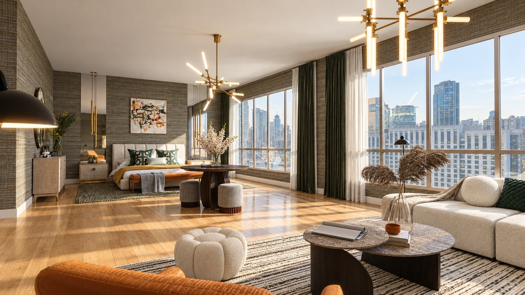 Daylight suite lounge and sculptural pendant lights — Chicago, IL — Grand Hotel, Studio Dalika; project view 9