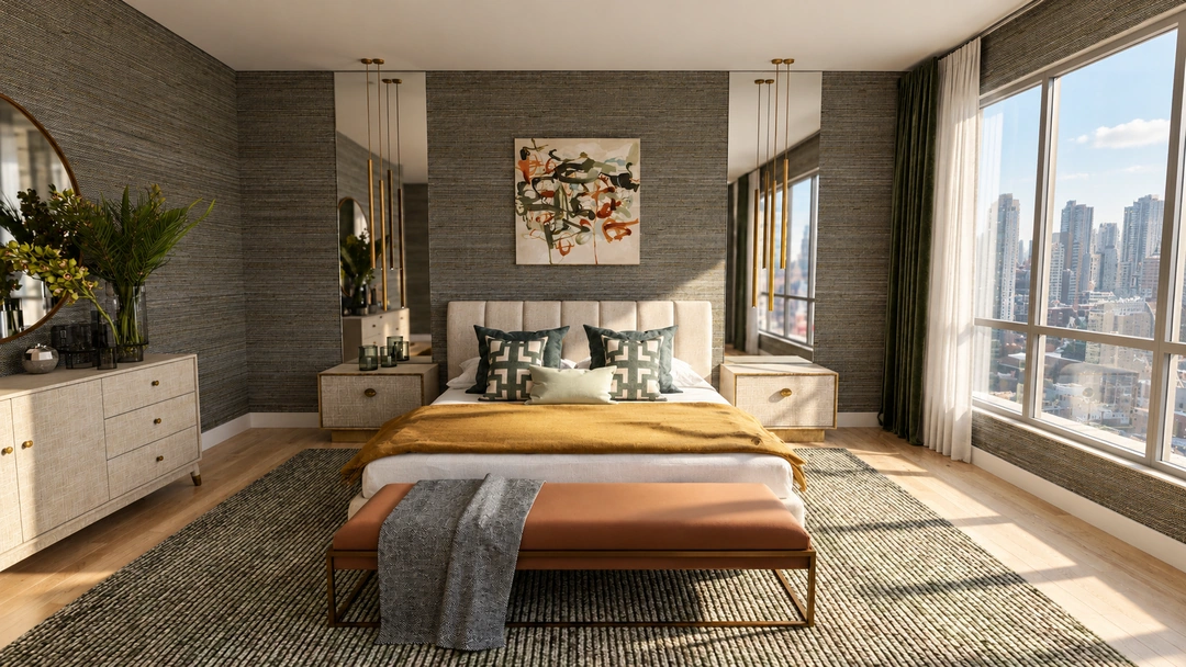 Frontal bedroom view with blue cushions and city glazing — Chicago, IL — Grand Hotel, Studio Dalika; project view 10