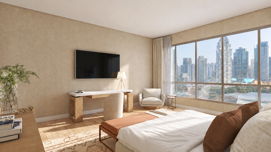 Bedroom television and desk beside city glazing — Chicago, IL — Grand Hotel, Studio Dalika; project view 3