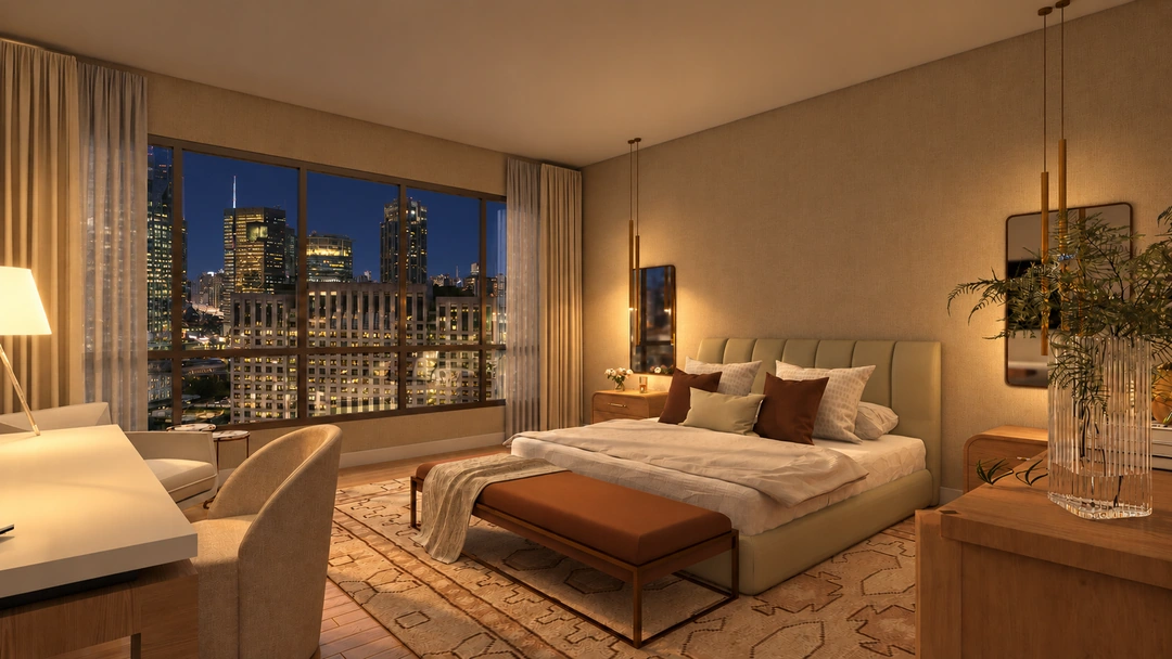 City-facing hotel bedroom illuminated at night — Chicago, IL — Grand Hotel, Studio Dalika; project view 4