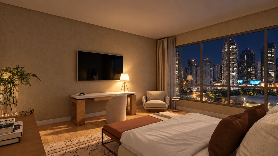 Night bedroom view with television and seating corner — Chicago, IL — Grand Hotel, Studio Dalika; project view 5