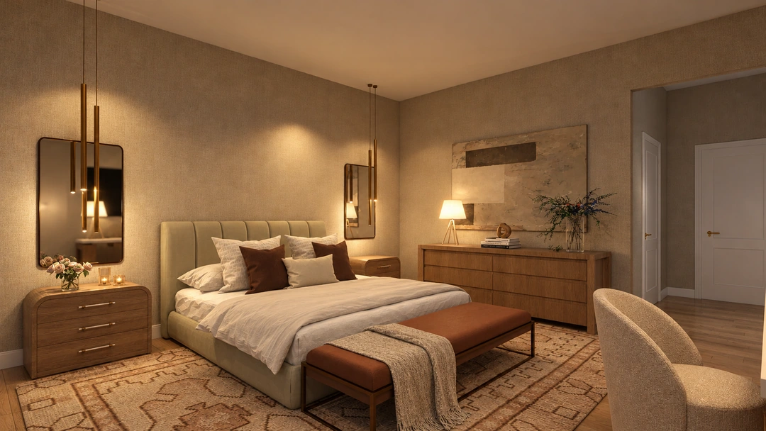 Frontal pale bedroom view with patterned rug — Chicago, IL — Grand Hotel, Studio Dalika; project view 6