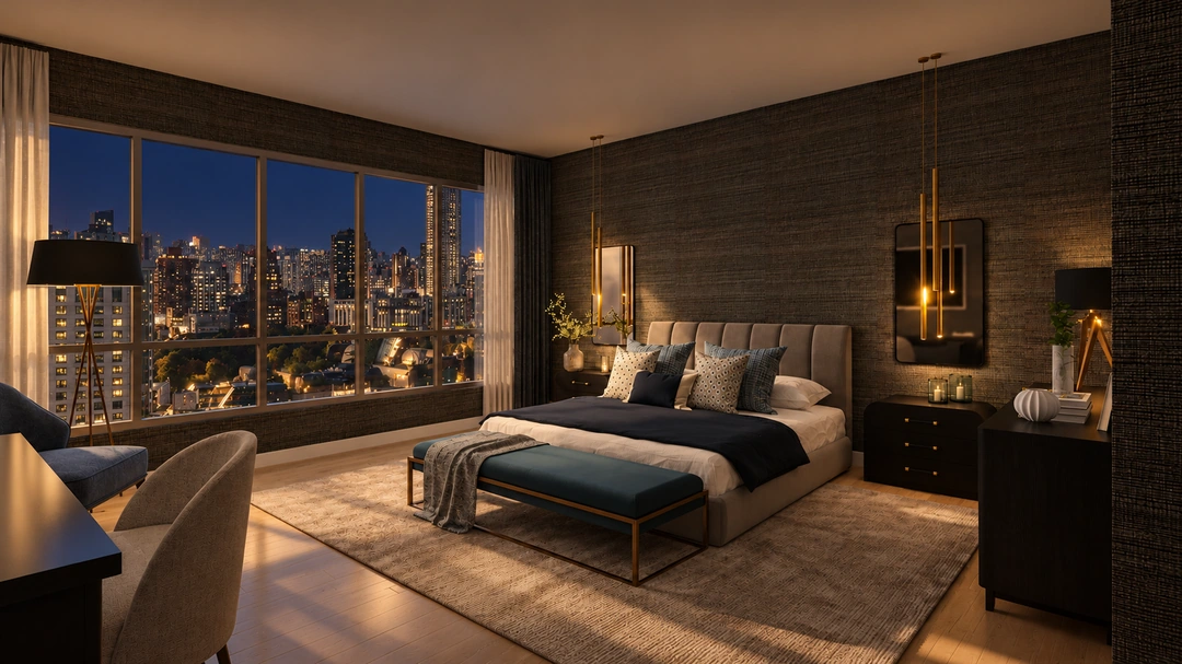 Dark hotel bedroom with blue bedding and night city views — Chicago, IL — Grand Hotel, Studio Dalika