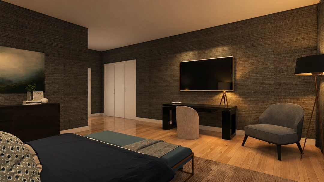 Bedroom television and lounge chair against textured walls — Chicago, IL — Grand Hotel, Studio Dalika; project view 3