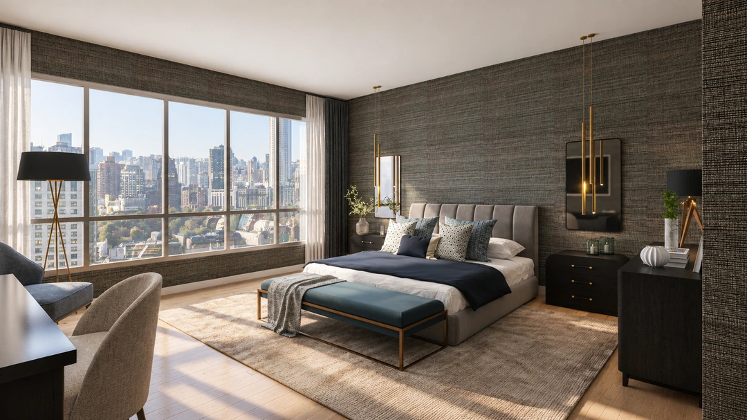 Dark bedroom overlooking the city in daylight — Chicago, IL — Grand Hotel, Studio Dalika; project view 4