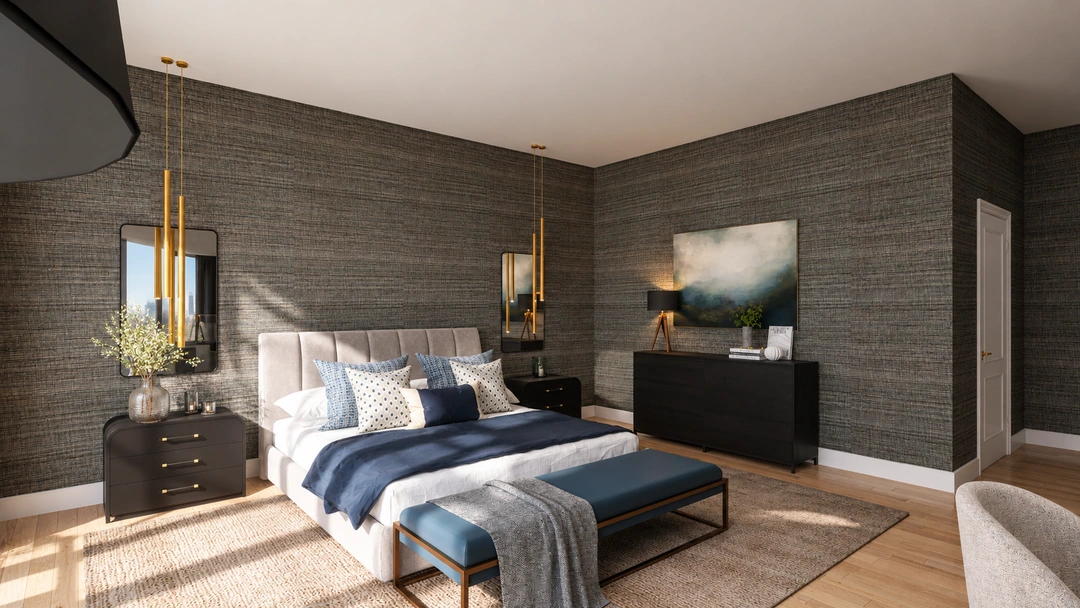 Daylight bedroom with blue bench and textured wall finish — Chicago, IL — Grand Hotel, Studio Dalika; project view 5