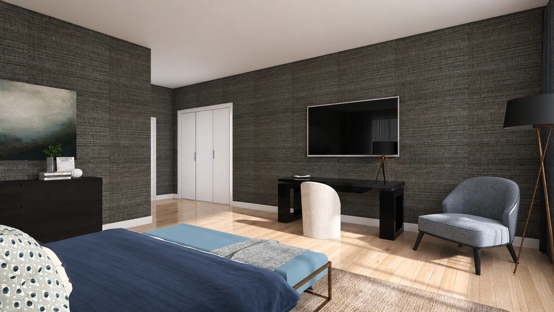 Bedroom television and blue lounge chair in daylight — Chicago, IL — Grand Hotel, Studio Dalika; project view 6