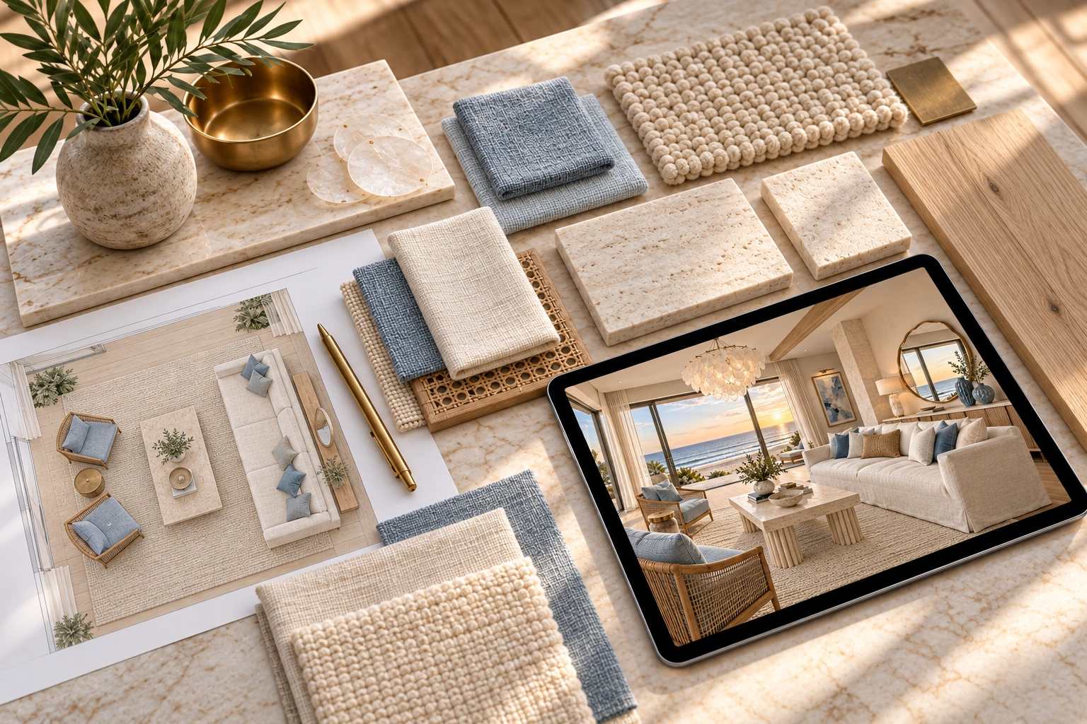 Coastal design materials in ivory, blue, travertine, oak and cane with a matching furniture layout and living room render