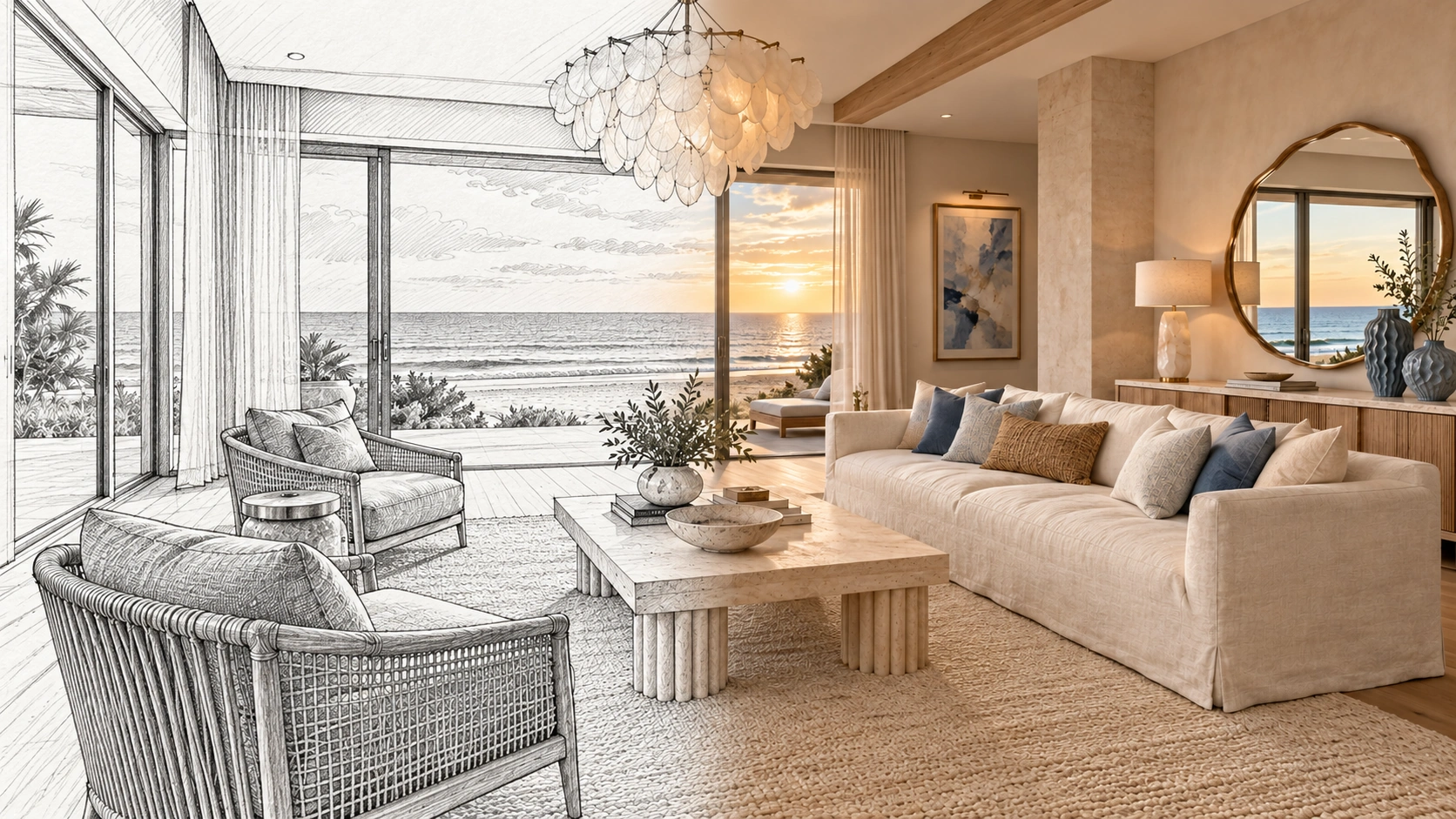 Coastal living room transitioning from a hand-drawn sketch to a finished render — Studio Dalika design