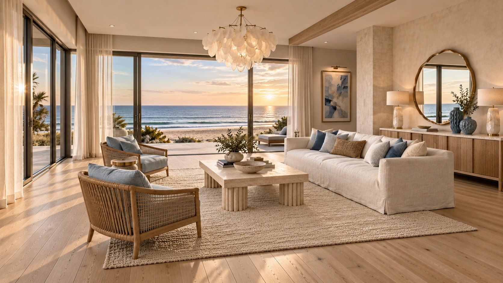 Wide coastal living room with a complete shell chandelier, ivory sofa and blue cane chairs overlooking the ocean — Studio Dalika design