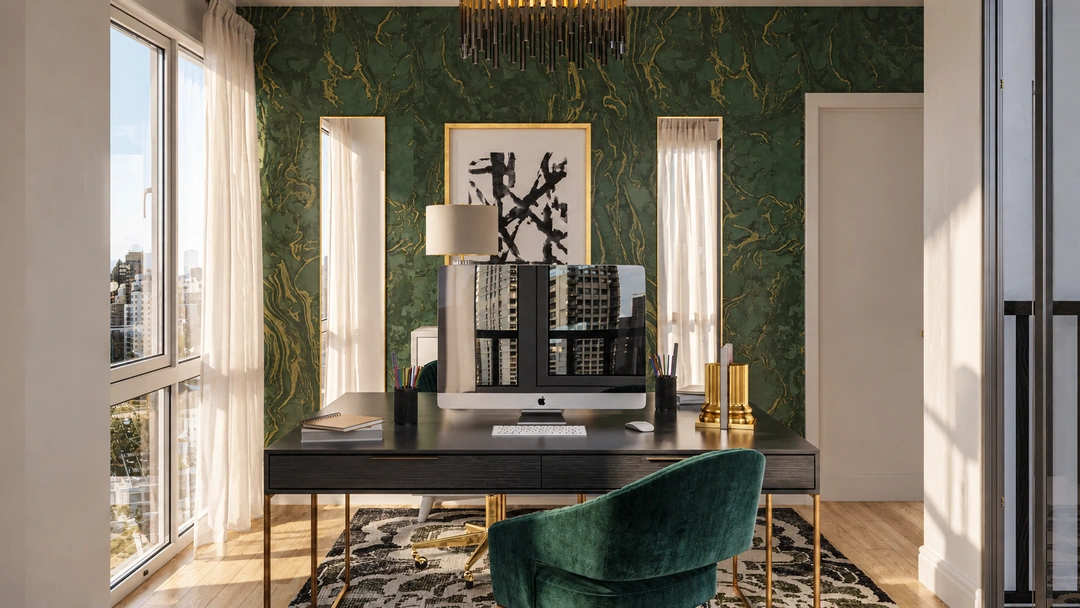 Home office with a desk and deep green chair — Home Office, Studio Dalika