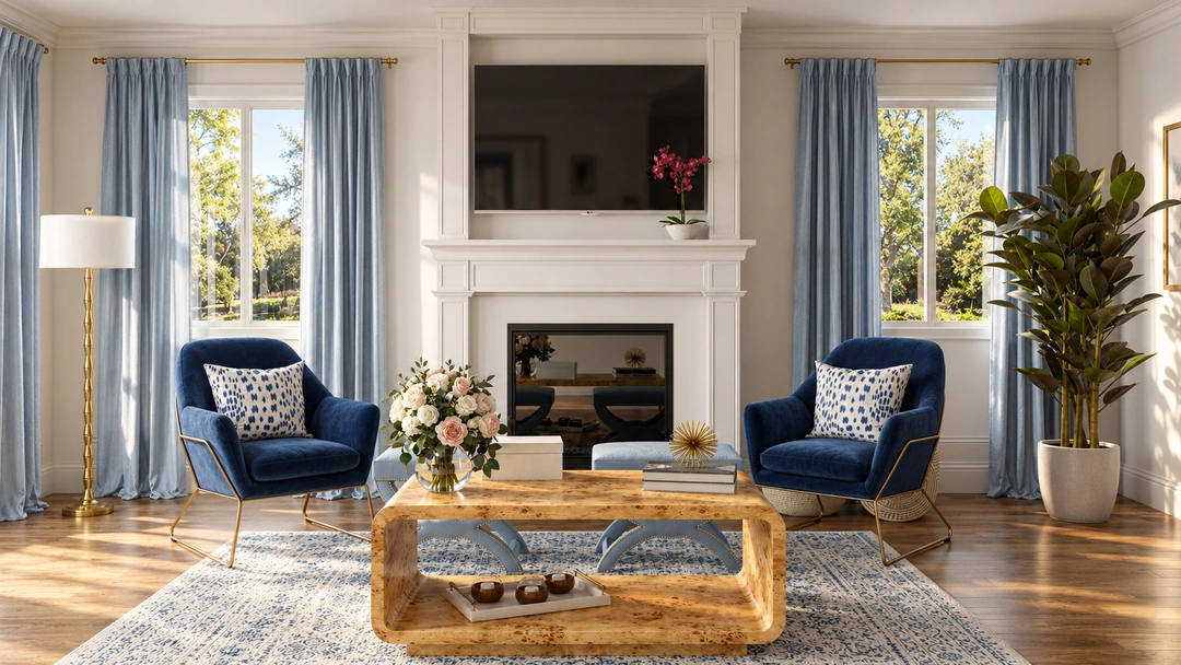 Living room with a white fireplace and blue accent chairs — Living Room, Studio Dalika