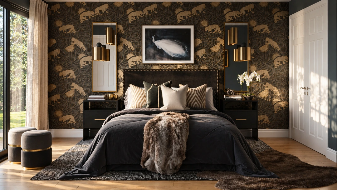 Bedroom with dark floral wallpaper and a low upholstered bed — Bedroom, Studio Dalika