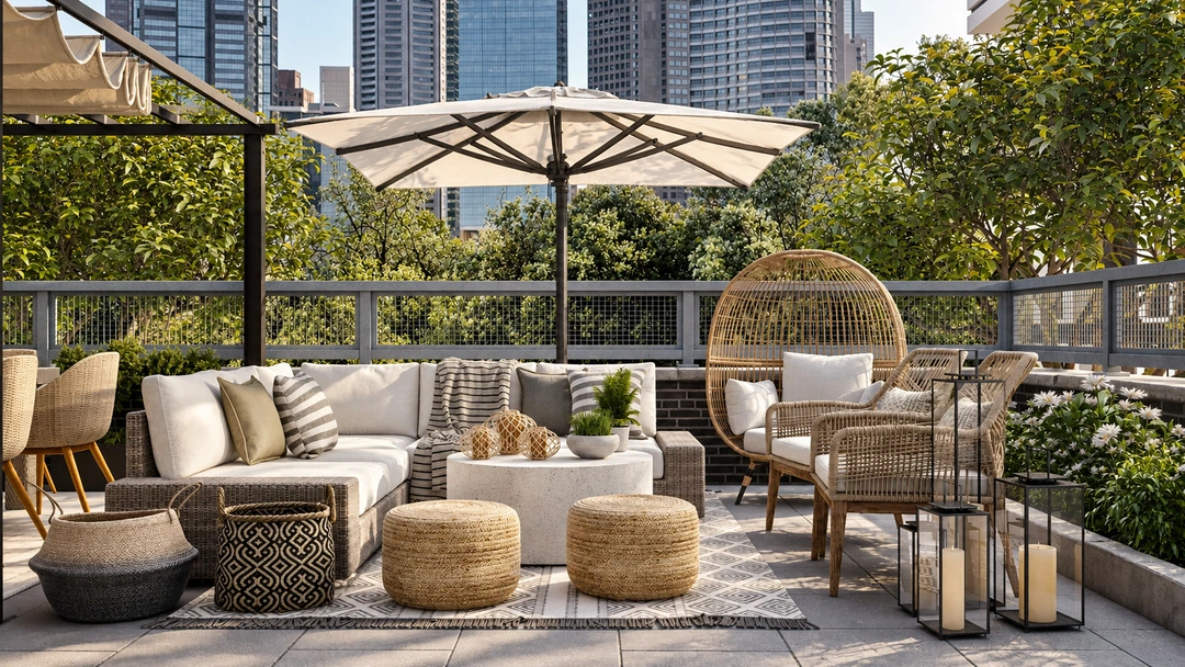 Garden terrace with woven lounge chairs and a large umbrella — Patio, Studio Dalika