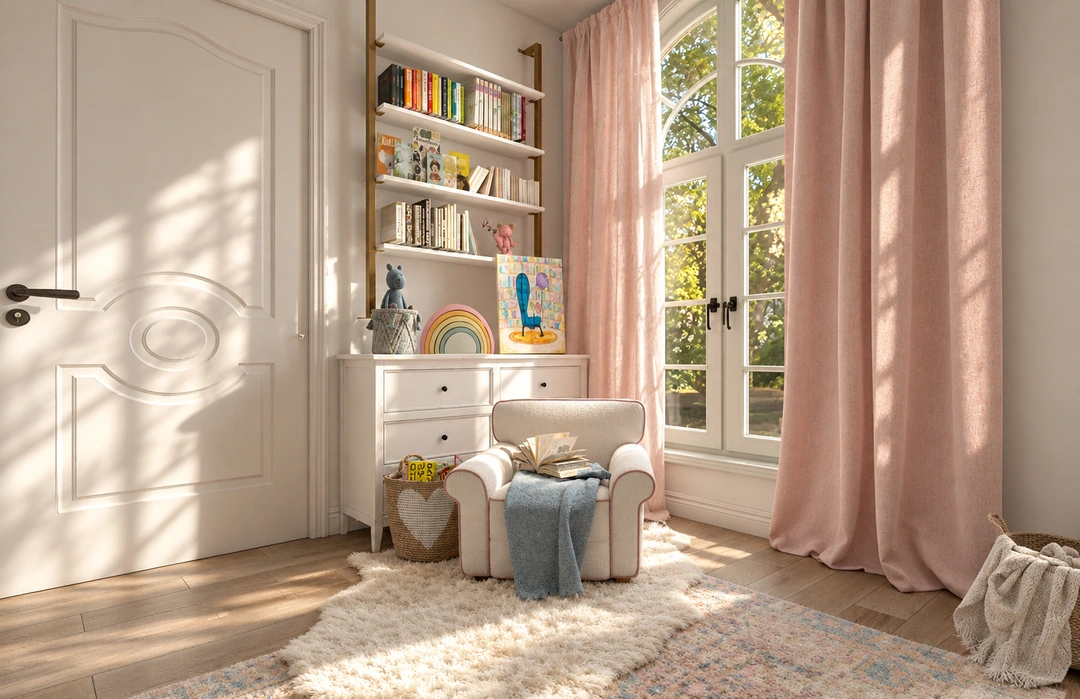 Child's bedroom with white cabinetry and pale pink curtains — Girl's Room, Studio Dalika