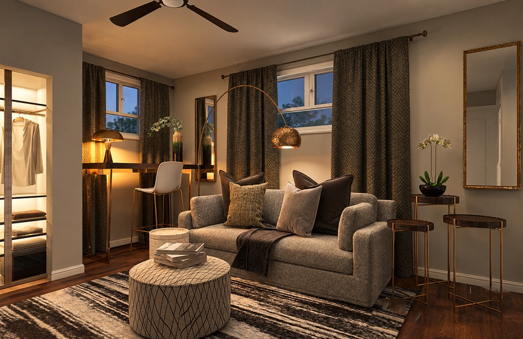 Guest room with layered lighting and upholstered seating — Guest Room, Studio Dalika