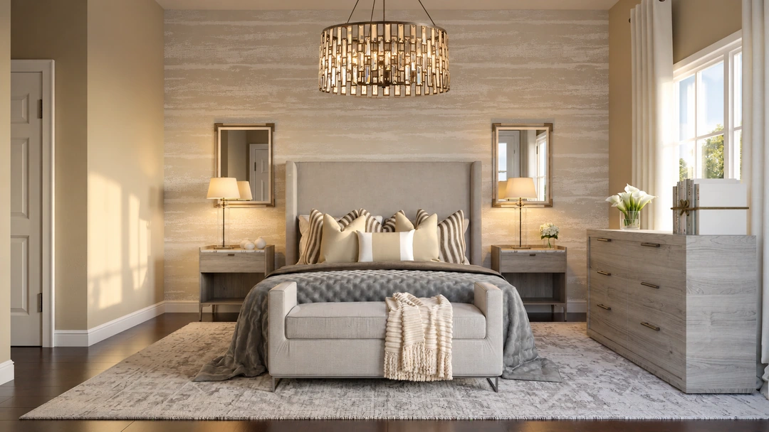 Pale bedroom with a chandelier and paneled walls — Bedroom, Studio Dalika