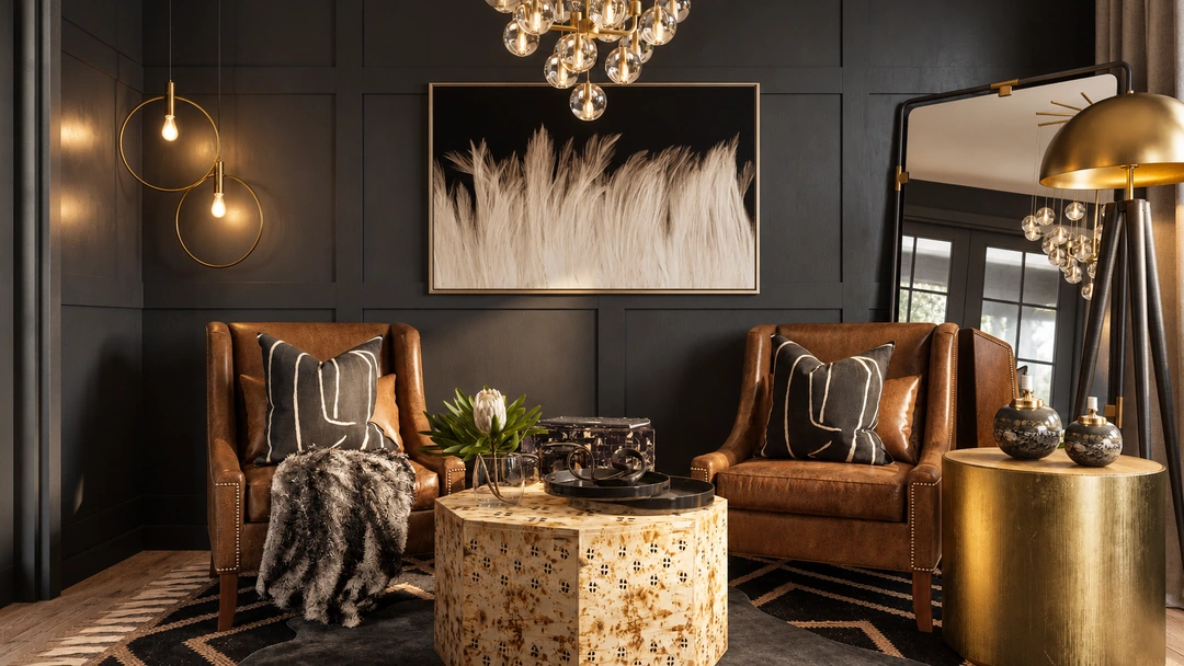 Wine lounge with leather chairs and dark paneled walls — Wine Room, Studio Dalika