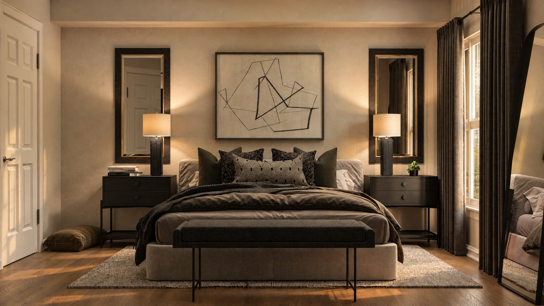 Bedroom with dark bedding and paired bedside lamps — Bedroom, Studio Dalika
