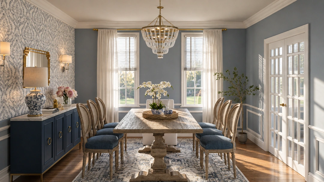 Dining room with a chandelier and blue accent cabinetry — Dining Room, Studio Dalika