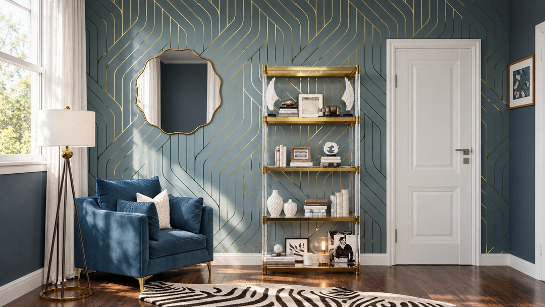 Blue home office with geometric wallpaper and open shelves — Home Office, Studio Dalika
