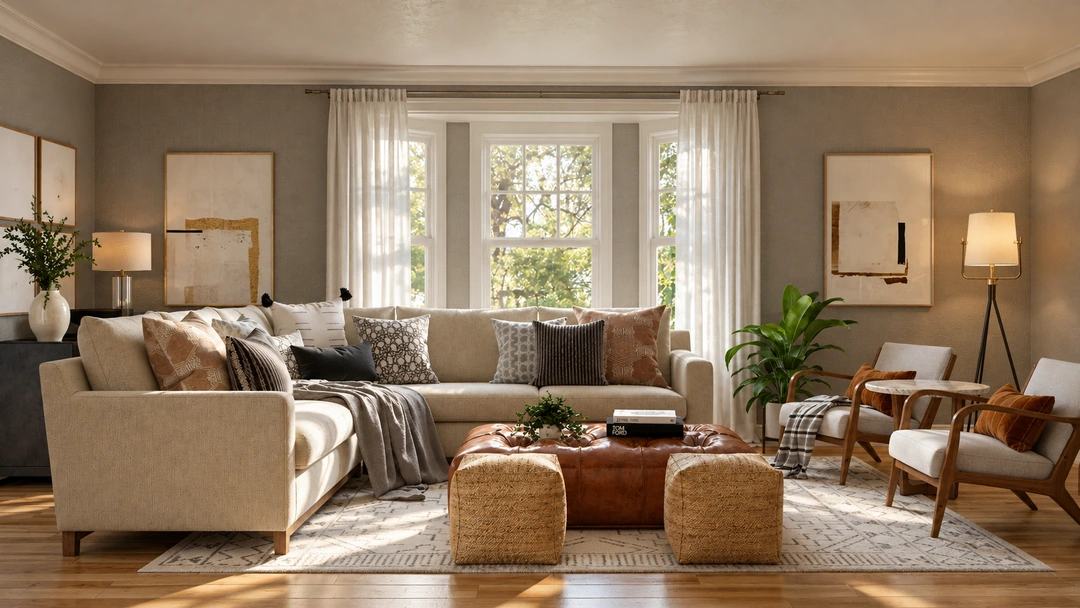 Living room with a fireplace and layered neutral textiles — Living Room, Studio Dalika