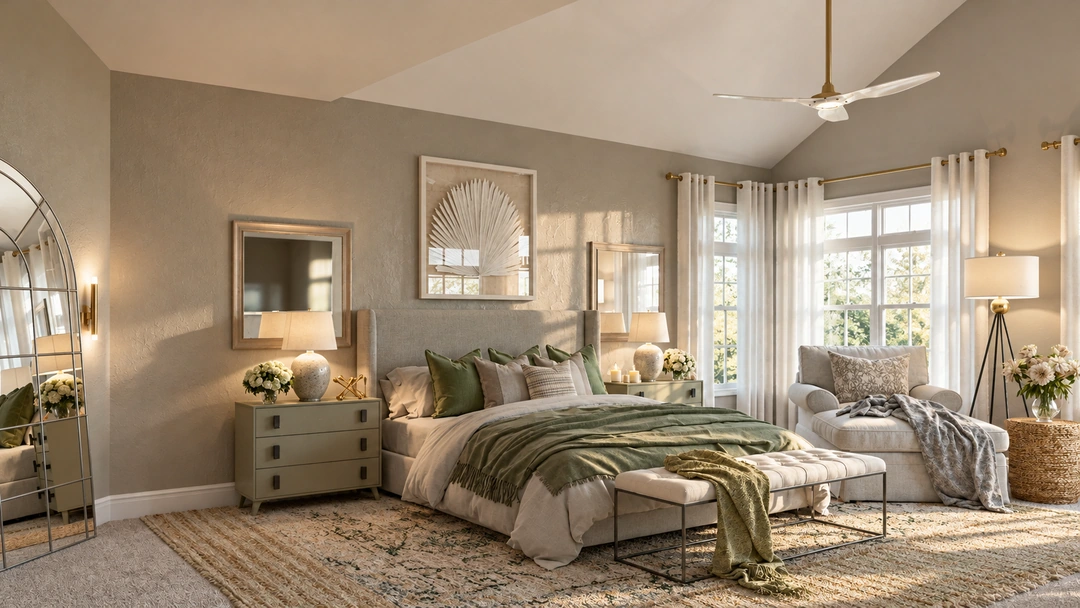 Bedroom with pale bedding and a curved chaise — Bedroom, Studio Dalika
