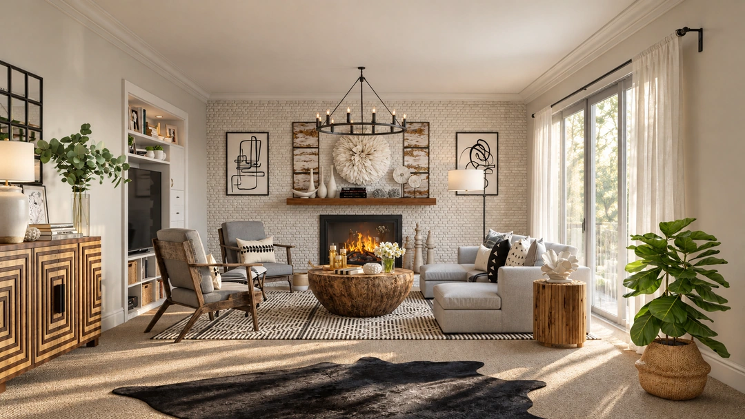 Living room with a fireplace and a large chandelier — Living Room, Studio Dalika