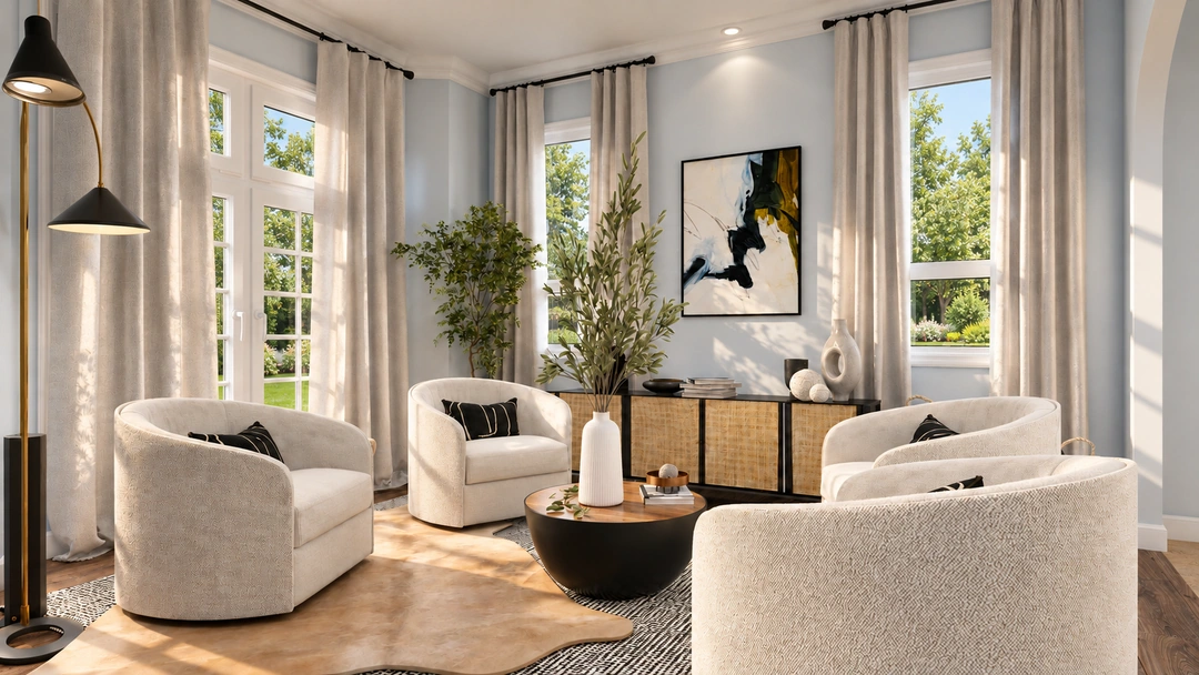 Curved lounge chairs beside a tall floor lamp — Porter Ranch, CA, Studio Dalika