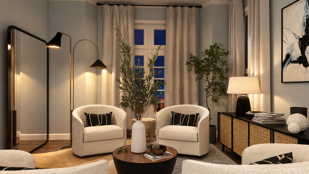 Small seating area beside full-height curtains at night — Porter Ranch, CA, Studio Dalika; project view 3