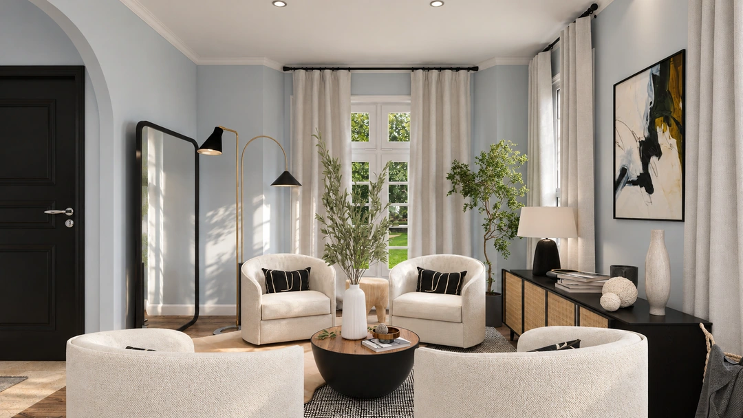 Curved armchairs and a low dark coffee table — Porter Ranch, CA, Studio Dalika; project view 4