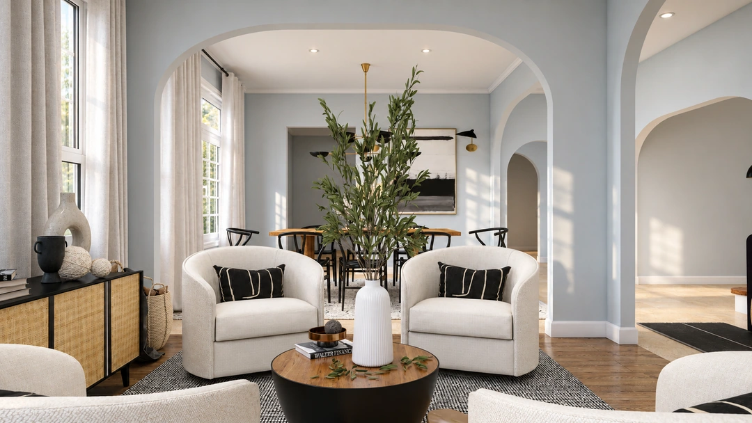 Living room and round tables beside tall glazing — Porter Ranch, CA, Studio Dalika; project view 5