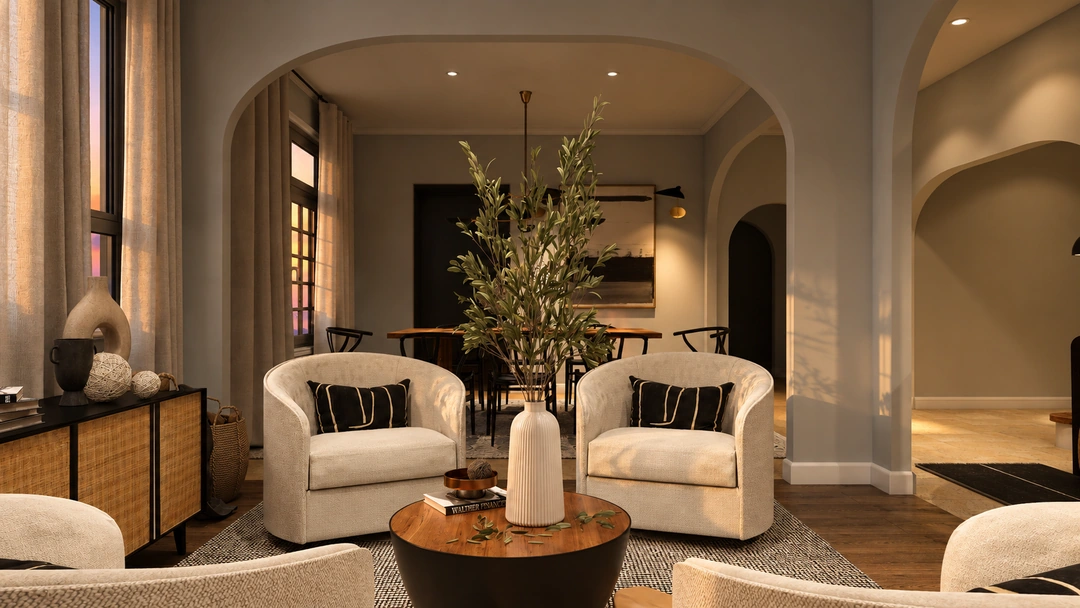 Living room with arched mirrors at night — Porter Ranch, CA, Studio Dalika; project view 6