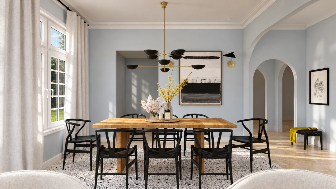 Dining table and arched doorway in daylight — Porter Ranch, CA, Studio Dalika; project view 7