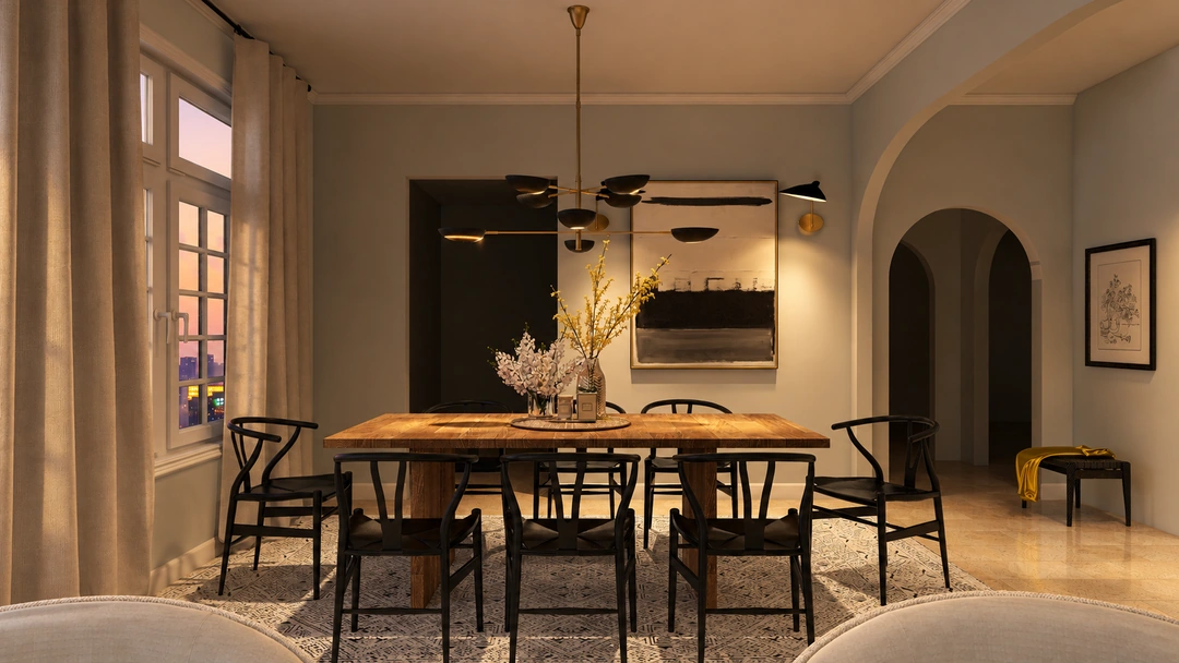 Living room and arched openings at night — Porter Ranch, CA, Studio Dalika; project view 8