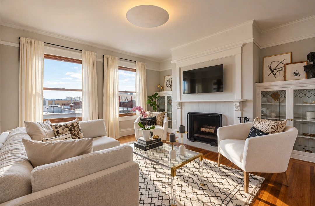 Bright living room with a white media wall — San Francisco, CA, Studio Dalika