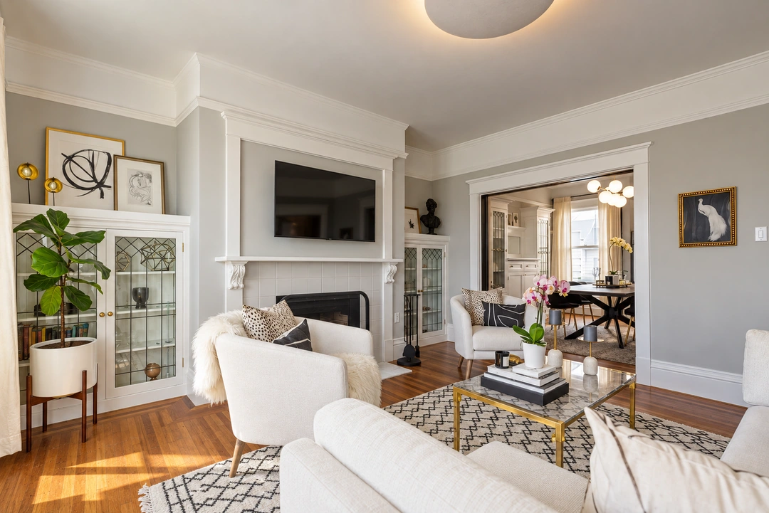 Living room and dining area with pale upholstery — San Francisco, CA, Studio Dalika; project view 3