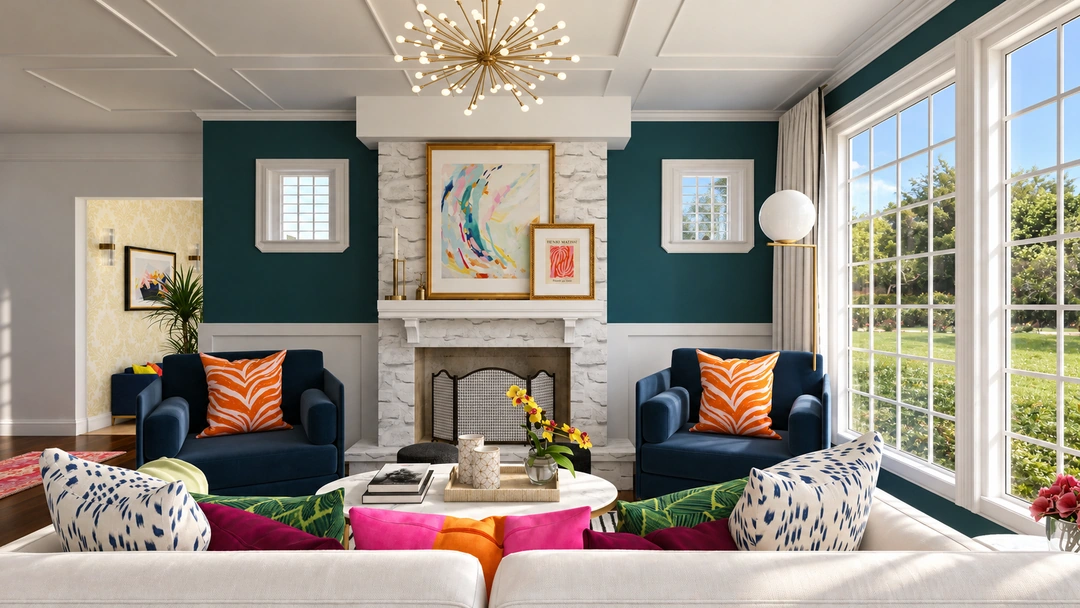 Colorful living room with framed artwork in daylight — Winnetka, IL, Studio Dalika