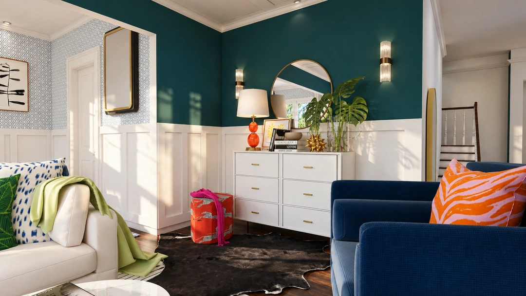 Living room with blue ceiling and patterned rug — Winnetka, IL, Studio Dalika; project view 3