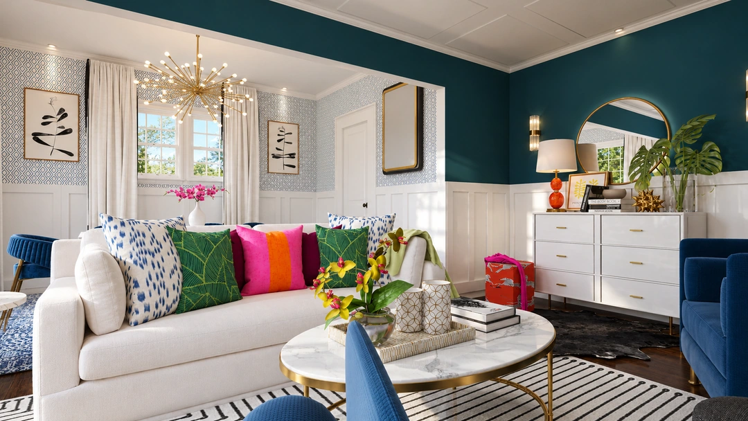 White sofa with bright cushions beside a window — Winnetka, IL, Studio Dalika; project view 4