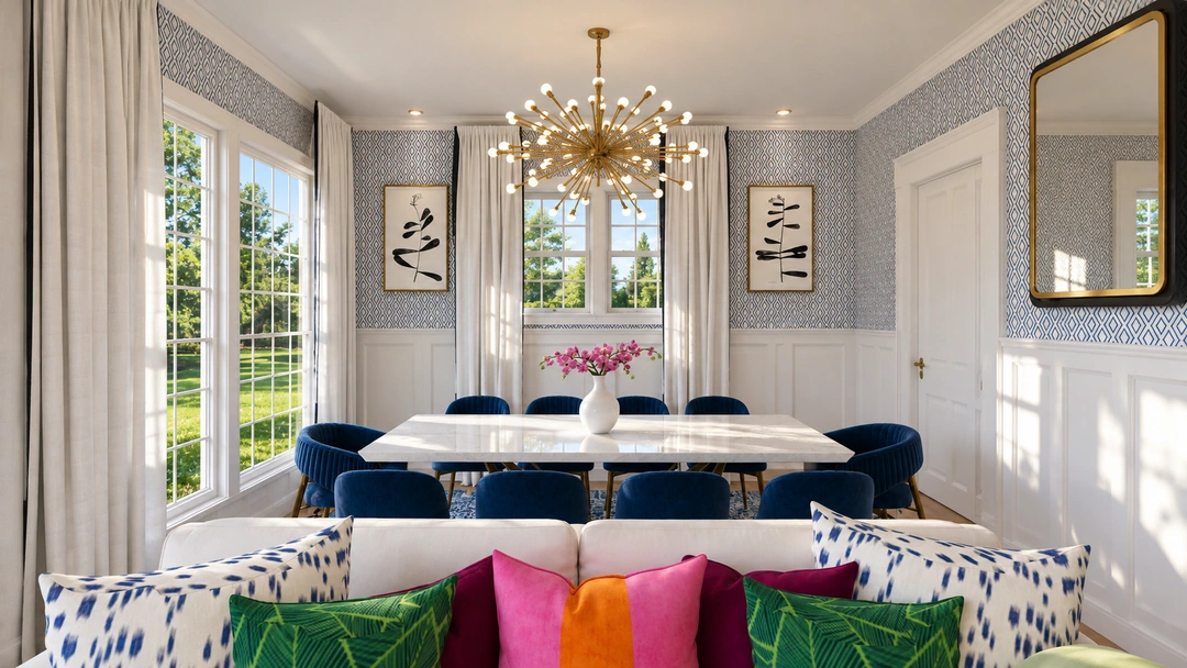 Round dining table and deep blue chairs — Winnetka, IL, Studio Dalika; project view 5