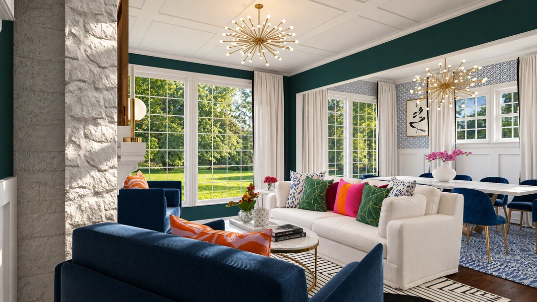 Living room and dining room beside broad windows — Winnetka, IL, Studio Dalika; project view 6