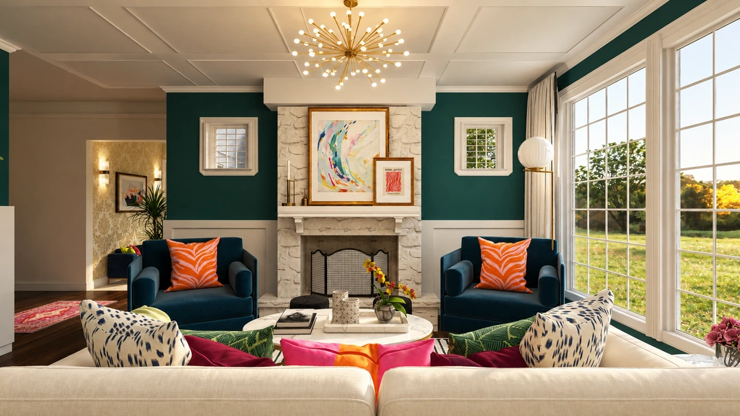 Colorful living room and framed artwork — Winnetka, IL, Studio Dalika; project view 7