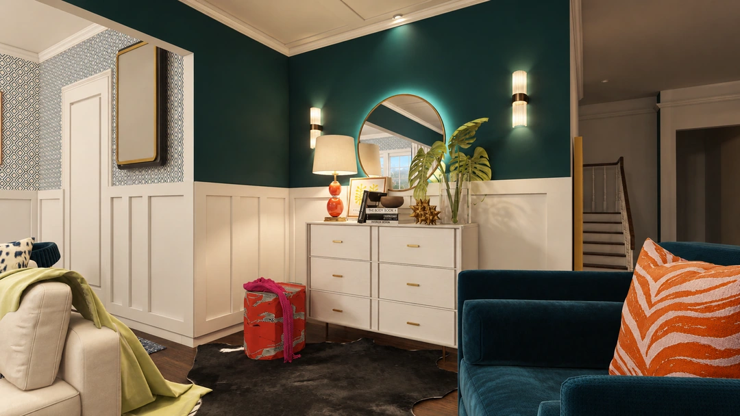 Living room with blue and green walls at night — Winnetka, IL, Studio Dalika; project view 8