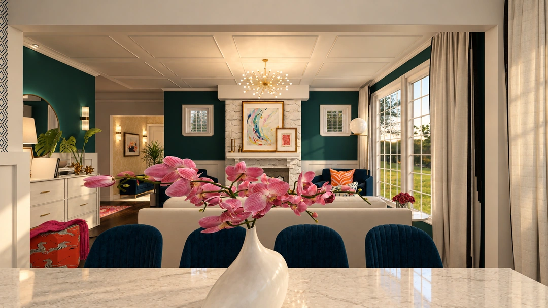Living room and dining table in evening light — Winnetka, IL, Studio Dalika; project view 9