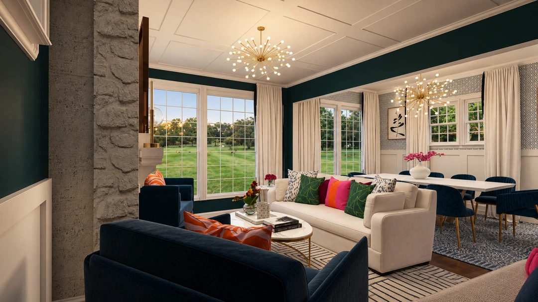 Living room with a patterned rug and pale sofa — Winnetka, IL, Studio Dalika; project view 10