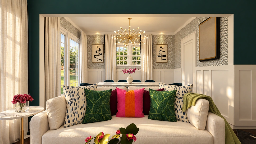 Living room with a white sofa and colorful cushions at night — Winnetka, IL, Studio Dalika; project view 11