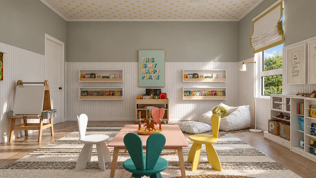Playroom with colorful chairs and open storage — Cutler Bay, FL, Studio Dalika
